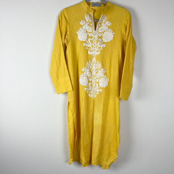 Amber Gohar Embroidered Dress Womens Small Yellow Midi Long Sleeve Floral - Picture 1 of 10